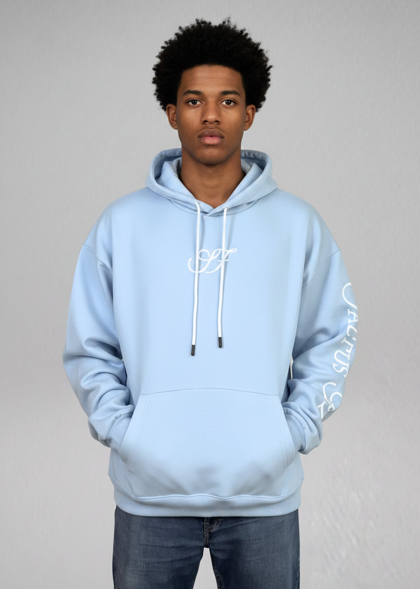 Sky blue Saltus Fidei 450 GSM heavy-duty hoodie, 80% cotton/20% polyester, soft-touch, "SF" monogram logo