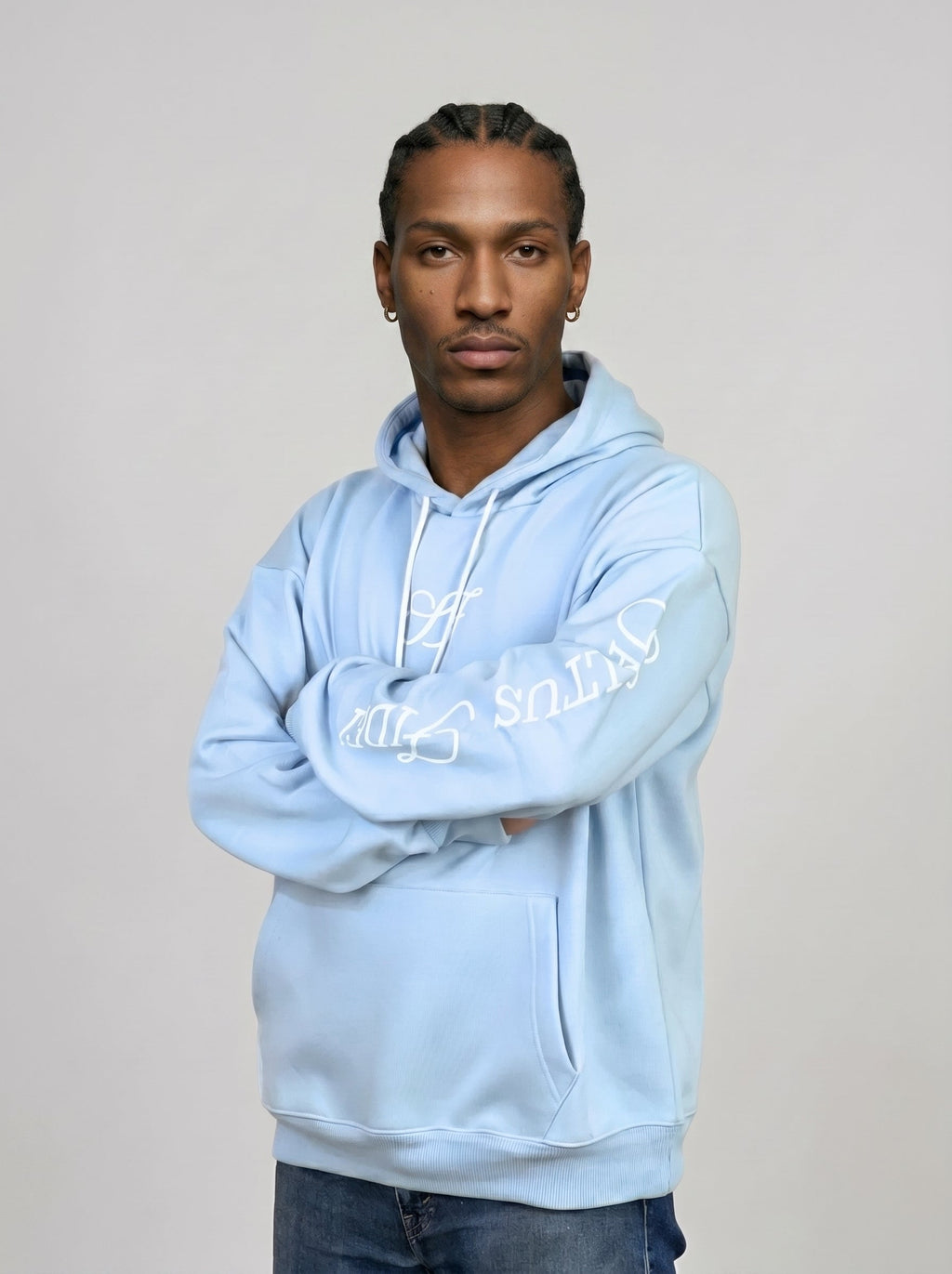 Sky blue Saltus Fidei hoodie, product detail view