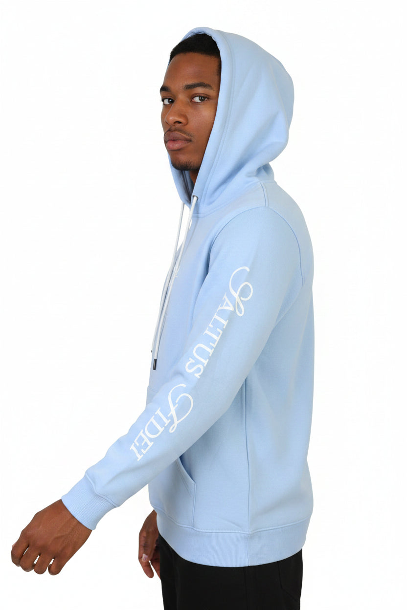 Sky blue Saltus Fidei hoodie, product detail view