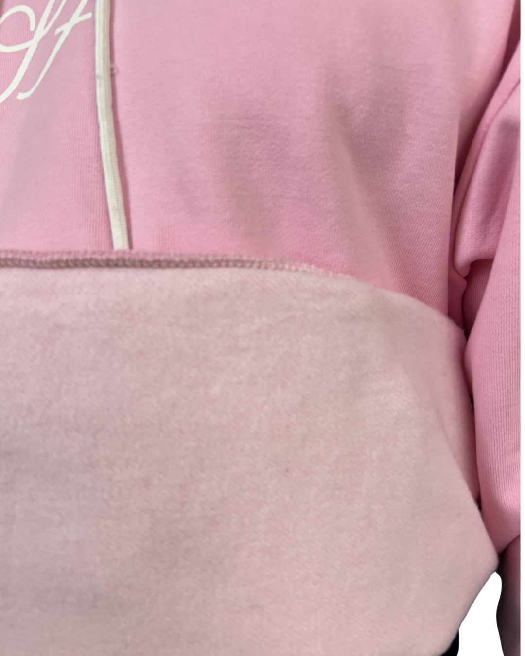 Baby pink Saltus Fidei heavyweight hoodie, product detail view