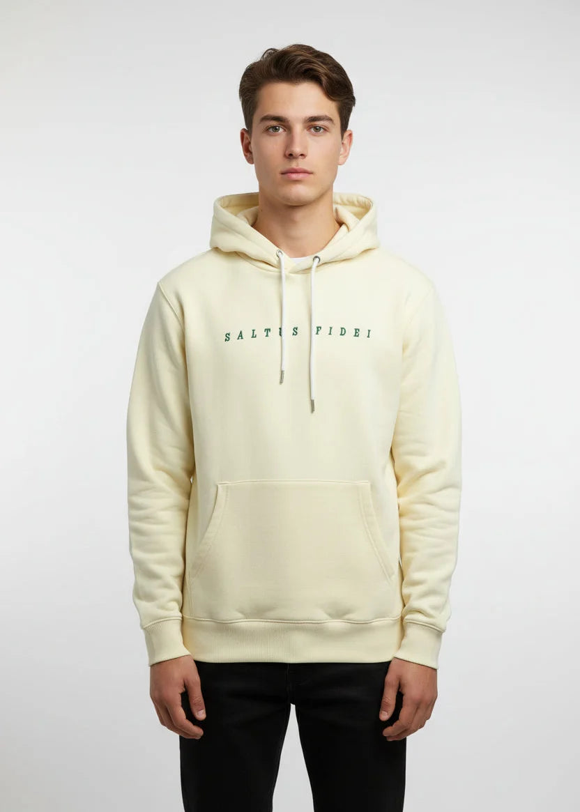 Off-white Saltus Fidei 450 GSM heavy-duty hoodie, 80% cotton/20% polyester, soft-touch, green embroidered logo