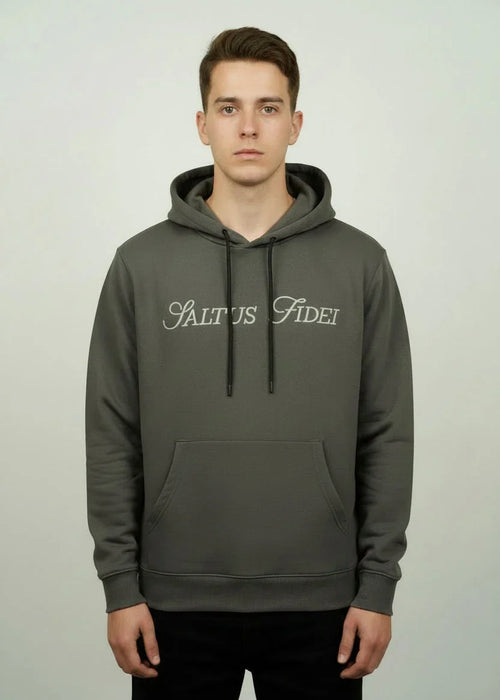 Charcoal grey Saltus Fidei 450 GSM heavy-duty hoodie, 80% cotton/20% polyester, soft-touch, rubberised logo