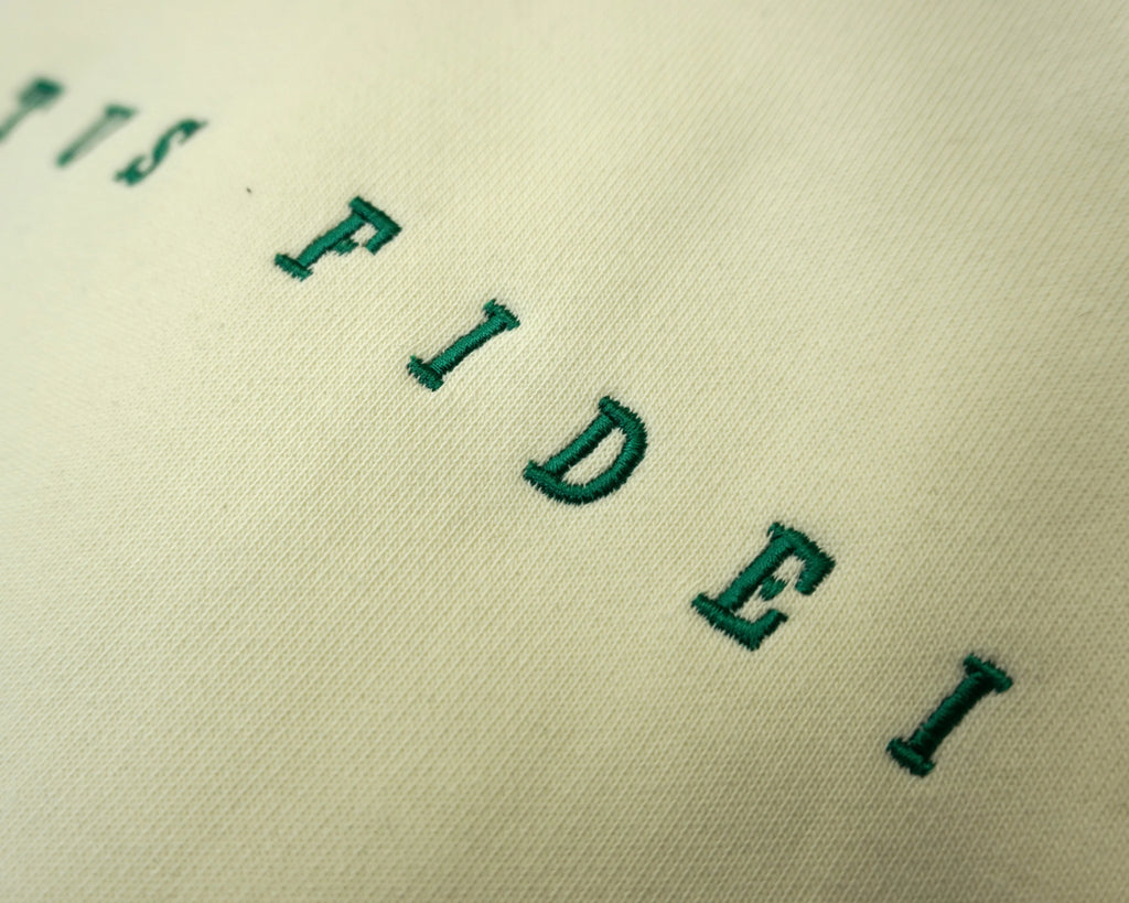 Close-up of a cream-colored fabric surface with dark green embroidered text reading 'SALTUS FIDEI' at an angle.