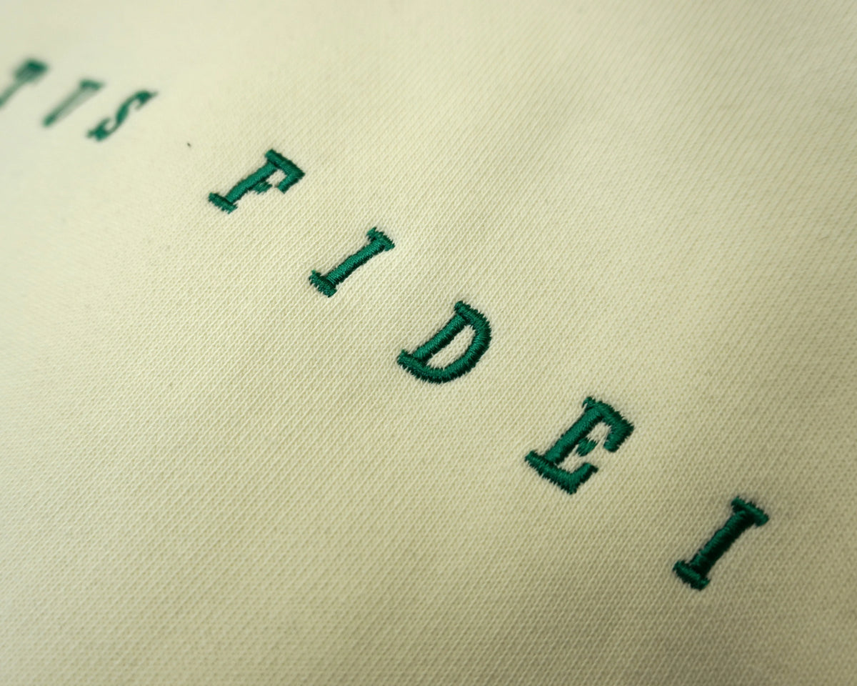 Close-up of a cream-colored fabric surface with dark green embroidered text reading 'SALTUS FIDEI' at an angle.