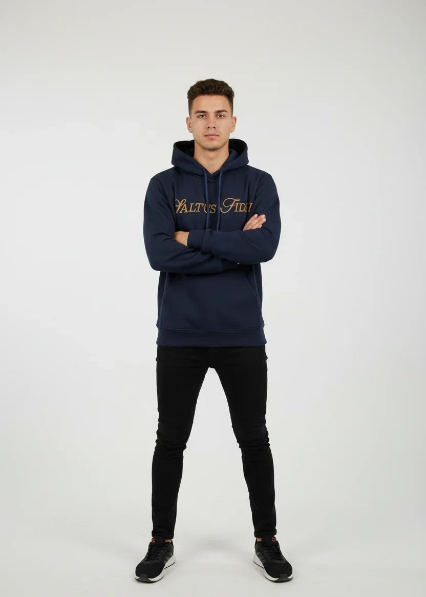 Navy blue Saltus Fidei hoodie, close-up product detail