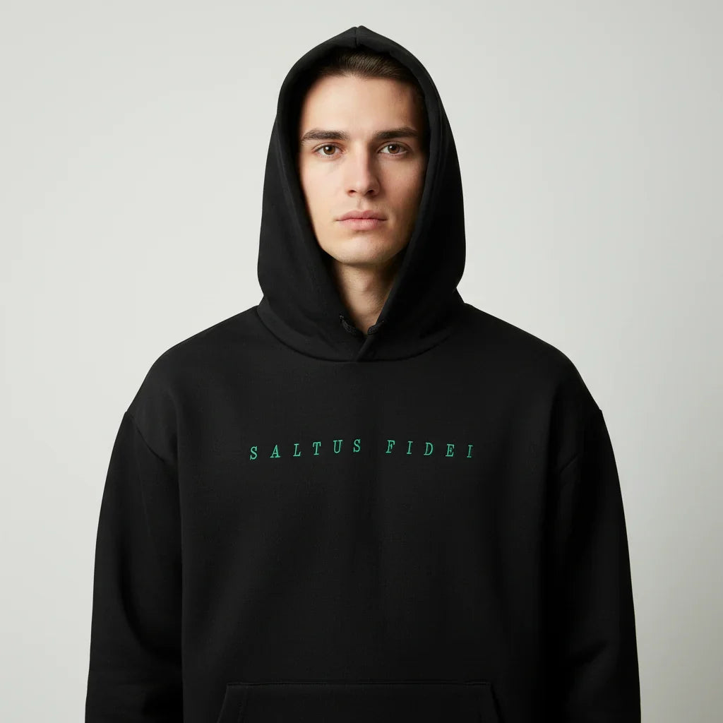 Black Saltus Fidei hoodie, close-up of the 450 GSM brushed fleece texture