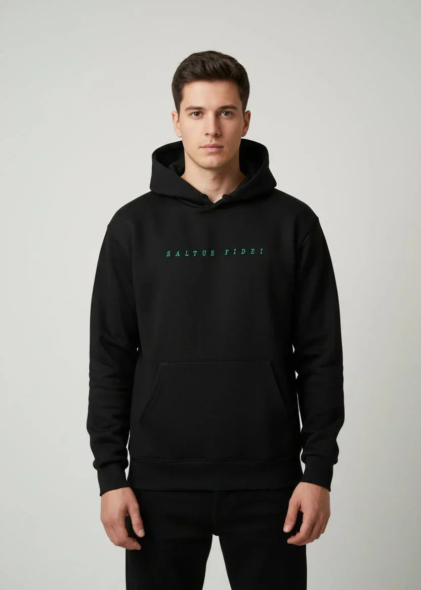 Black Saltus Fidei 450 GSM heavy-duty hoodie, 80% cotton/20% polyester, soft-touch, green embroidered logo