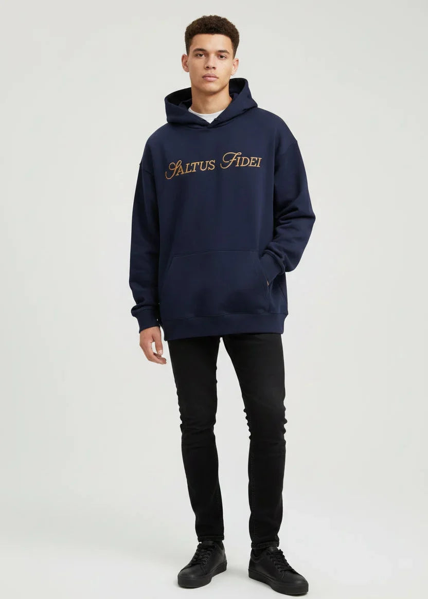 Navy blue Saltus Fidei hoodie, product view