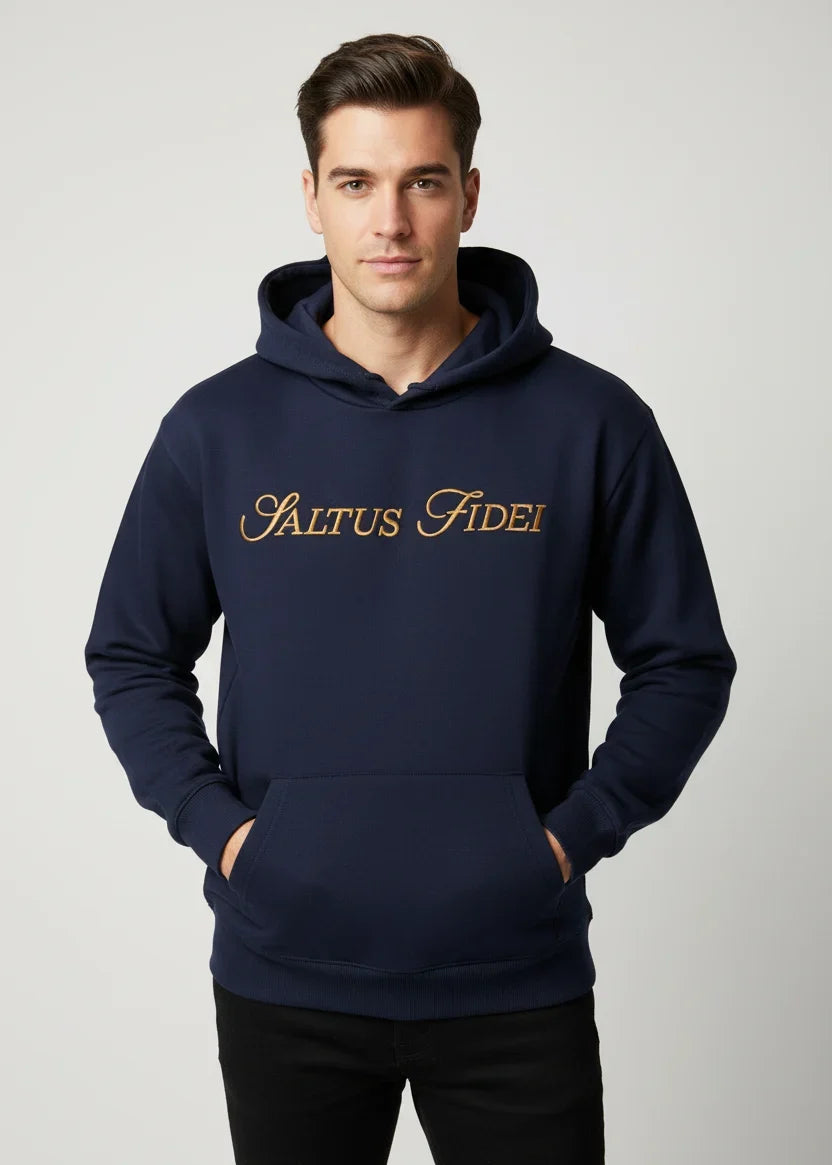 Navy blue Saltus Fidei 450 GSM heavy-duty hoodie, 80% cotton/20% polyester, soft-touch, rubberised script logo, laid flat