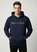 Navy blue Saltus Fidei 450 GSM heavy-duty hoodie, 80% cotton/20% polyester, soft-touch, rubberised script logo, laid flat