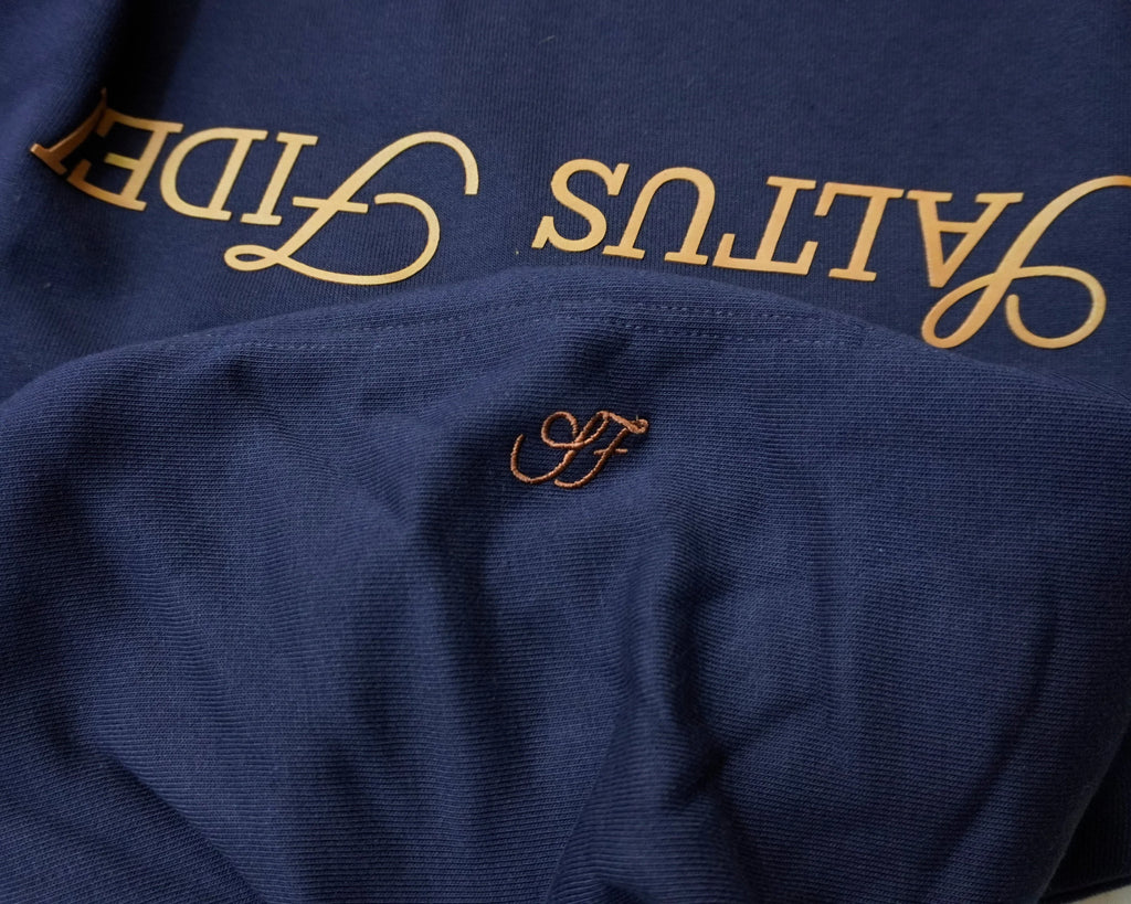 Navy blue Saltus Fidei hoodie, close-up product detail
