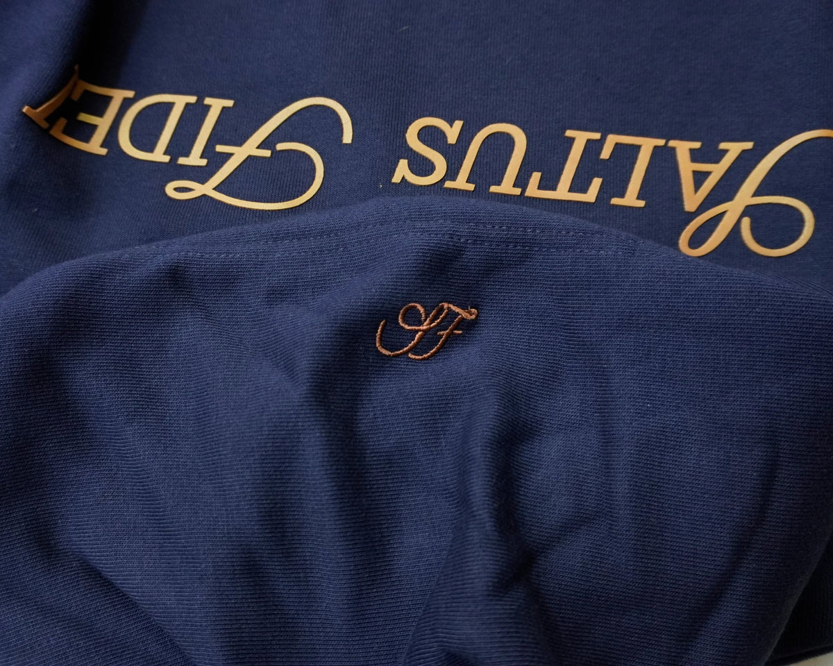 Navy blue Saltus Fidei hoodie, close-up product detail