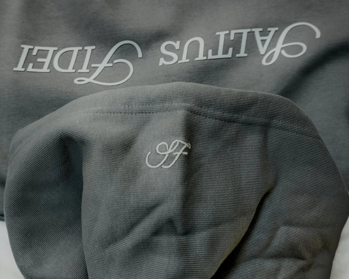 Charcoal grey Saltus Fidei hoodie, close-up product detail