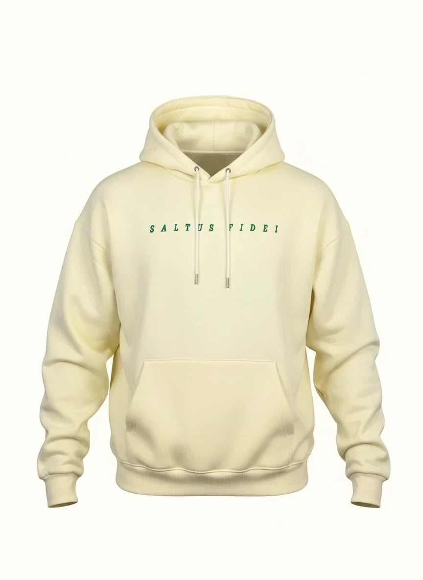 Model wearing the off-white Saltus Fidei hoodie, studio shot