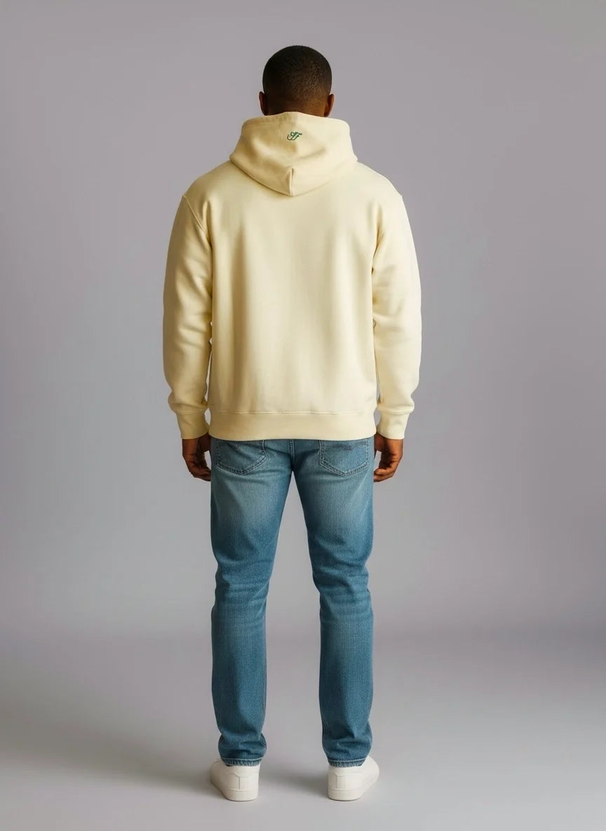 Off-white Saltus Fidei hoodie worn by a model, studio background