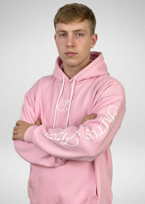 Baby pink Saltus Fidei 450 GSM heavy-duty hoodie, 80% cotton/20% polyester, soft-touch, "SF" monogram logo