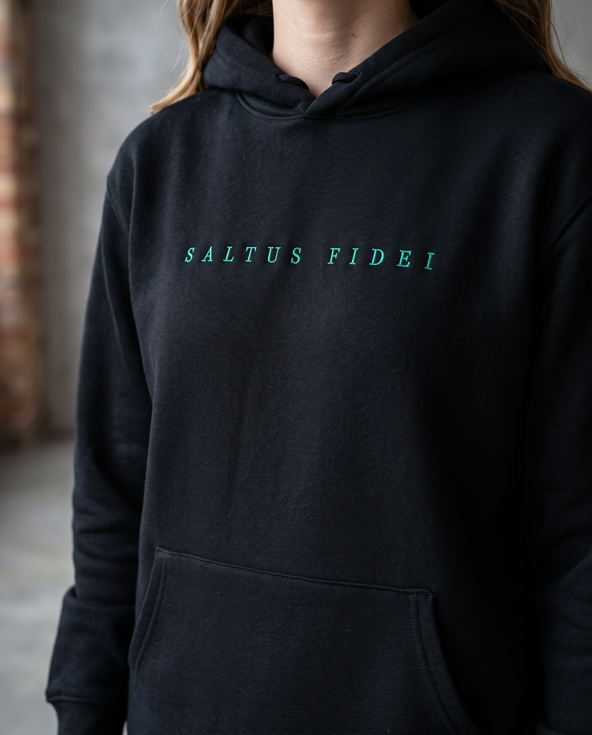 Black Saltus Fidei hoodie, product detail view