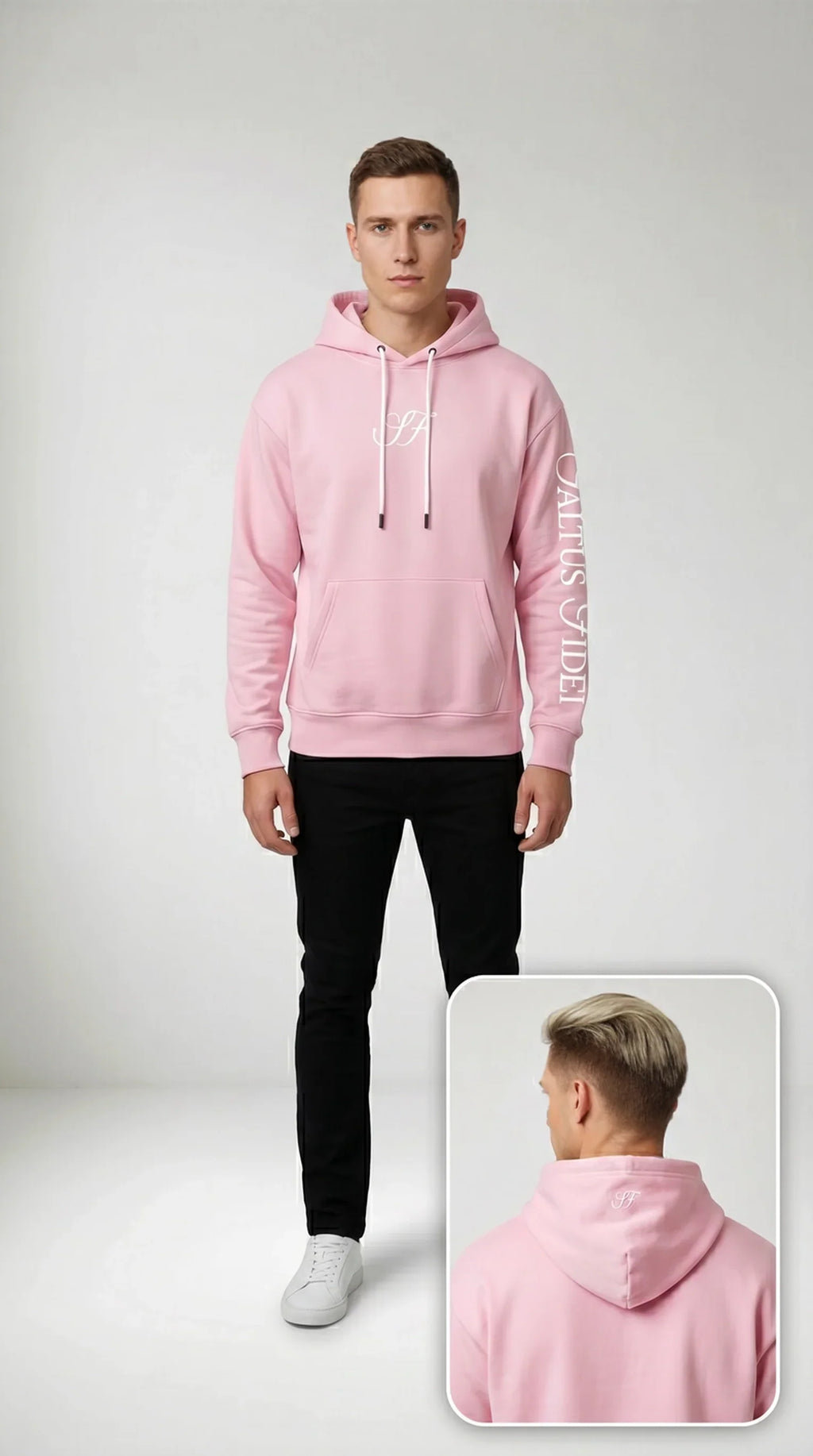 Baby pink Saltus Fidei hoodie, virtual try-on product image