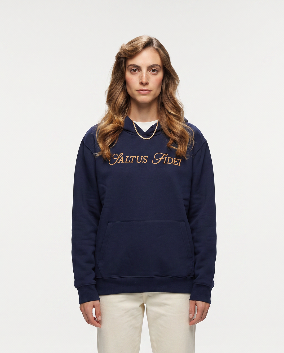 Navy blue Saltus Fidei hoodie worn by a model, studio lifestyle shot