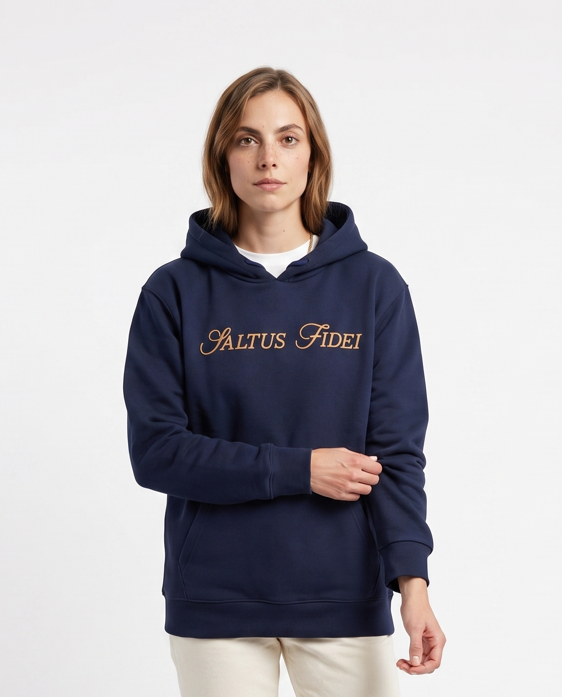 Navy blue Saltus Fidei hoodie worn by a model, alternate studio angle