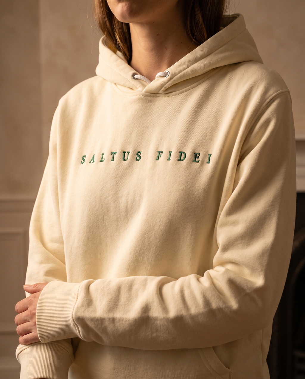 Off-white colourway of the Saltus Fidei heavyweight hoodie